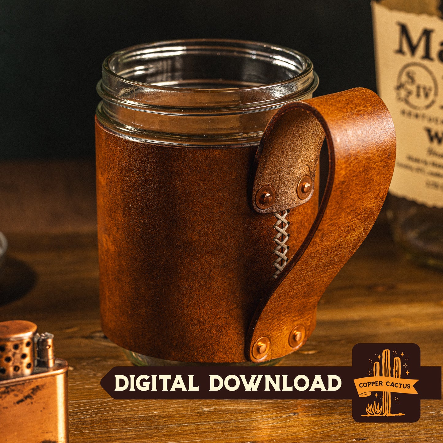 Wide Mouth Pint Mason Jar Leather Sleeve - Digital Template
