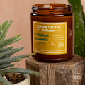 Candle jar labeled 'Copper Cactus Collective Sonoran Morning' on a wooden block with plants in the background.
