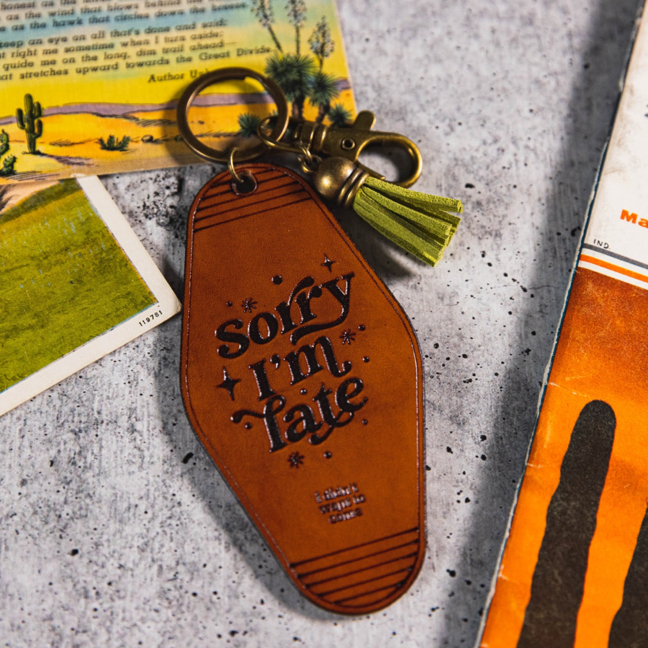 Leather Motel Style Keychain | 'Sorry I'm Late'