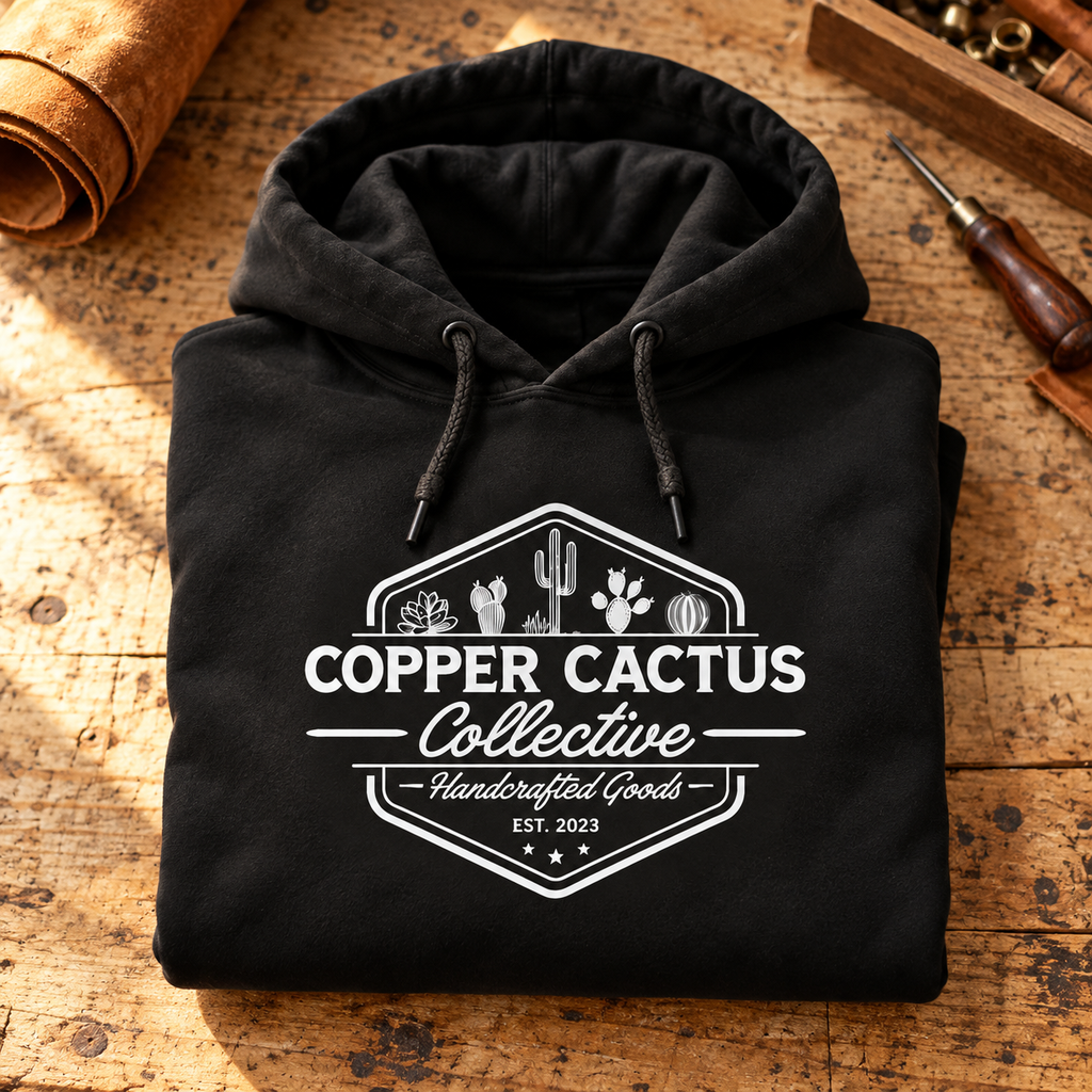 Black Copper Cactus logo hoodie folded on a rustic leatherwork bench