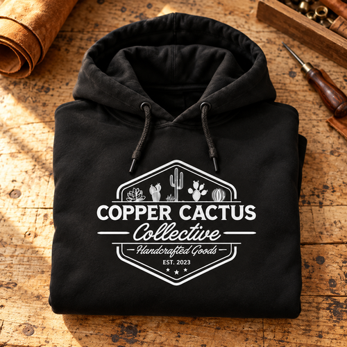 Black Copper Cactus logo hoodie folded on a rustic leatherwork bench