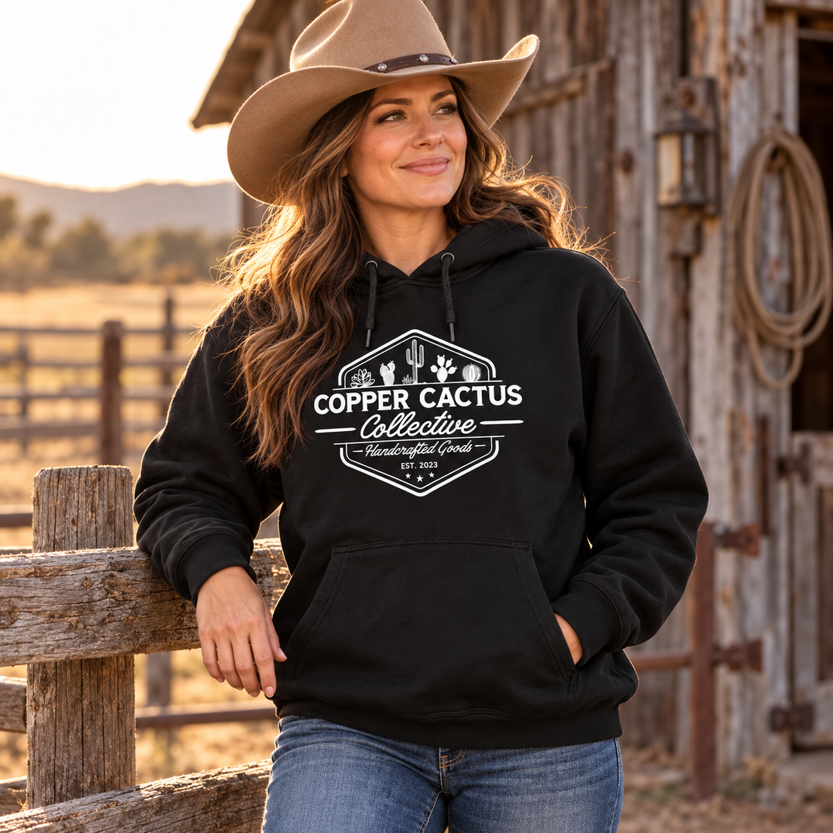 Woman in a cowboy hat wearing black Copper Cactus logo hoodie beside a barn