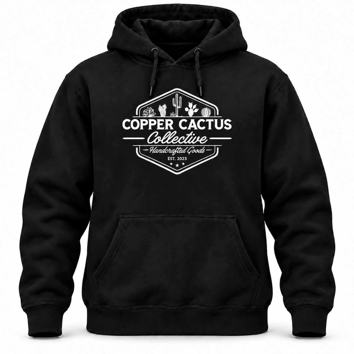 Black Copper Cactus Collective CSF630 hoodie with white DTF upper-chest logo, front view
