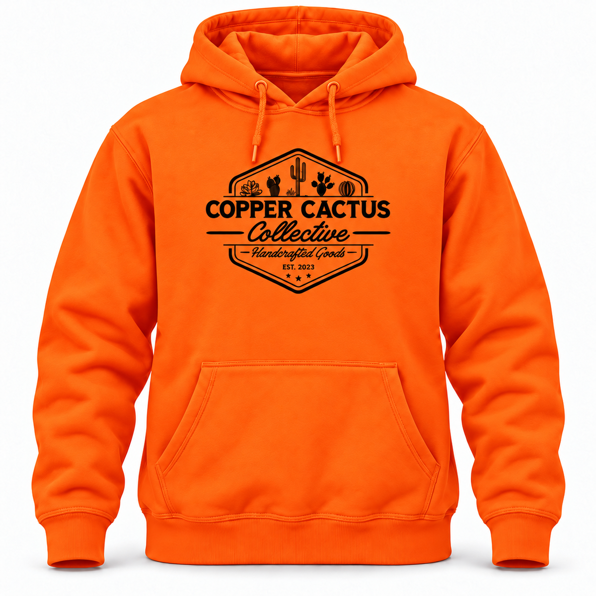 Bright Orange CornerStone CSF630 Copper Cactus Collective hoodie with black DTF upper-chest logo on a white background