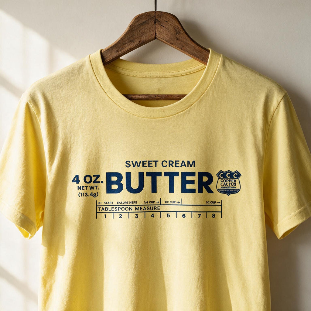 Yellow Sweet Cream Butter graphic T-shirt hanging on wooden hanger