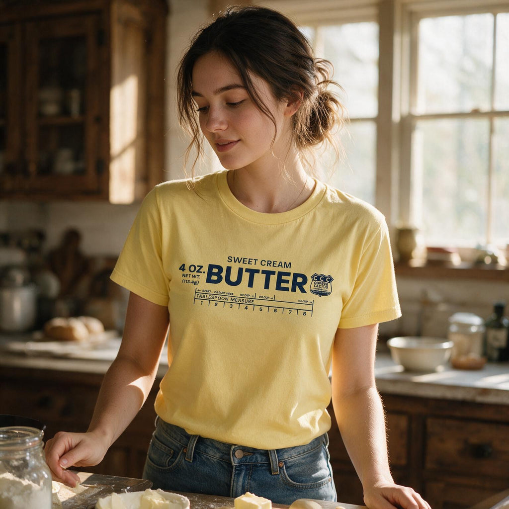 Woman wearing yellow Sweet Cream Butter T-shirt in a kitchen