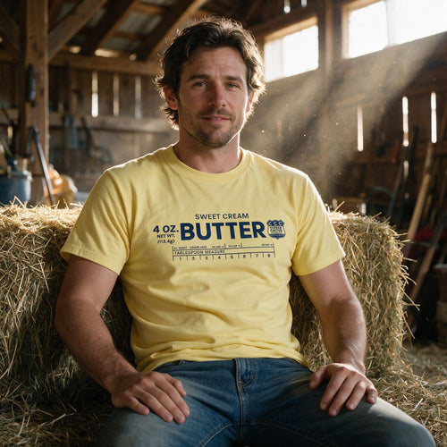 Man wearing yellow Sweet Cream Butter T-shirt in a barn